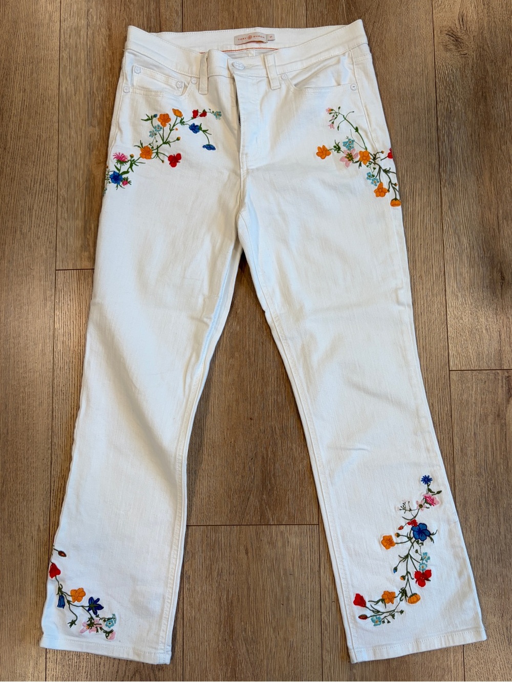 Tory Burch Embroidered White Straight Leg Jeans Size 27 Floral
